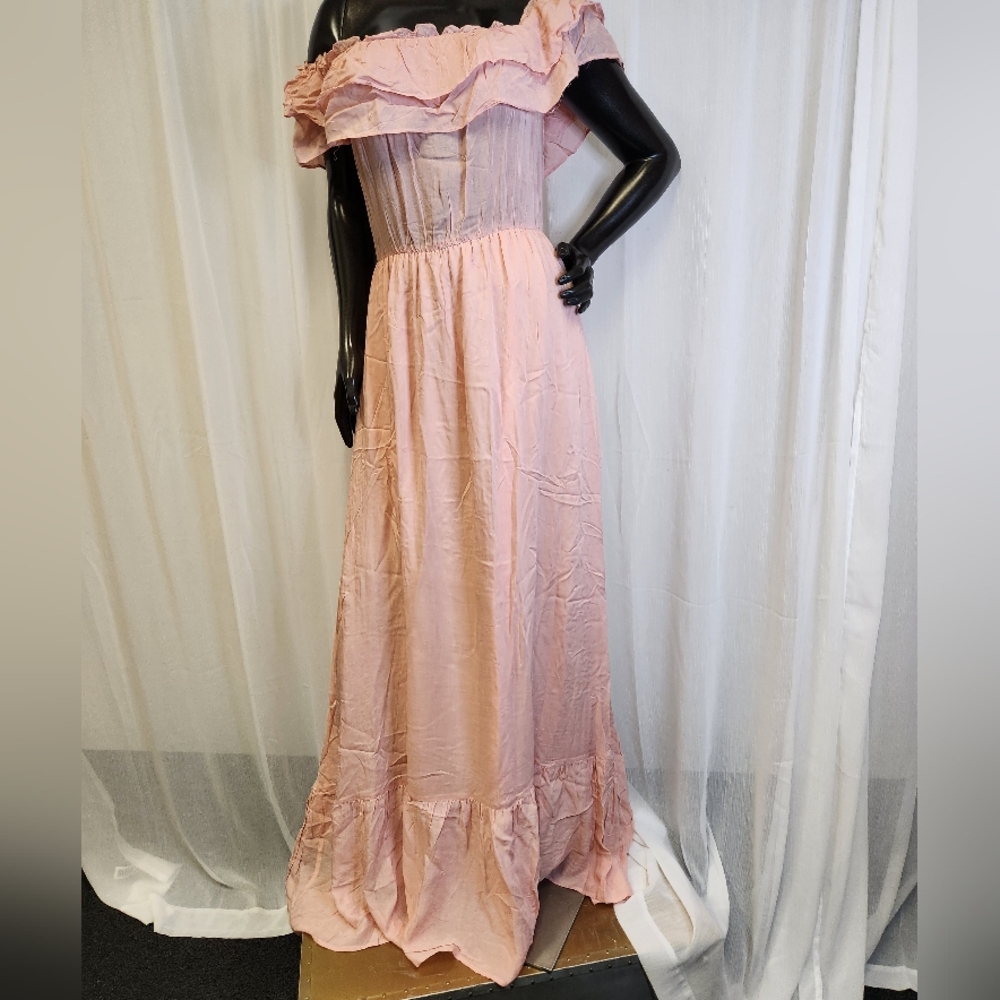 Pretty In Peachy Pink Off-Shoulder Maxi Dress with Ruffles - Picture 9 of 16
